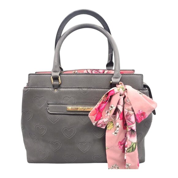 Betsey Johnson Handbags - Betsey Johnson Y2K Gray Heart Embossed Handbag Pink Floral Scarf Crossbody Strap
